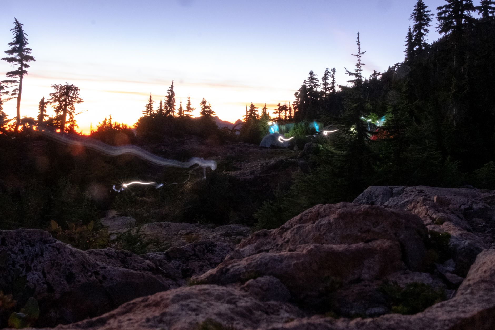 Campement de nuit avec tentes sous un ciel crépusculaire et des arbres sombres.