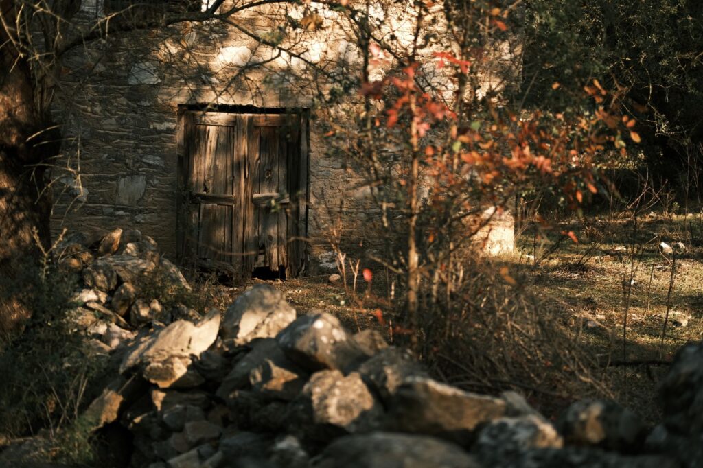 Façade en pierres d'une vieille bâtisse rurale avec porte en bois et végétation.