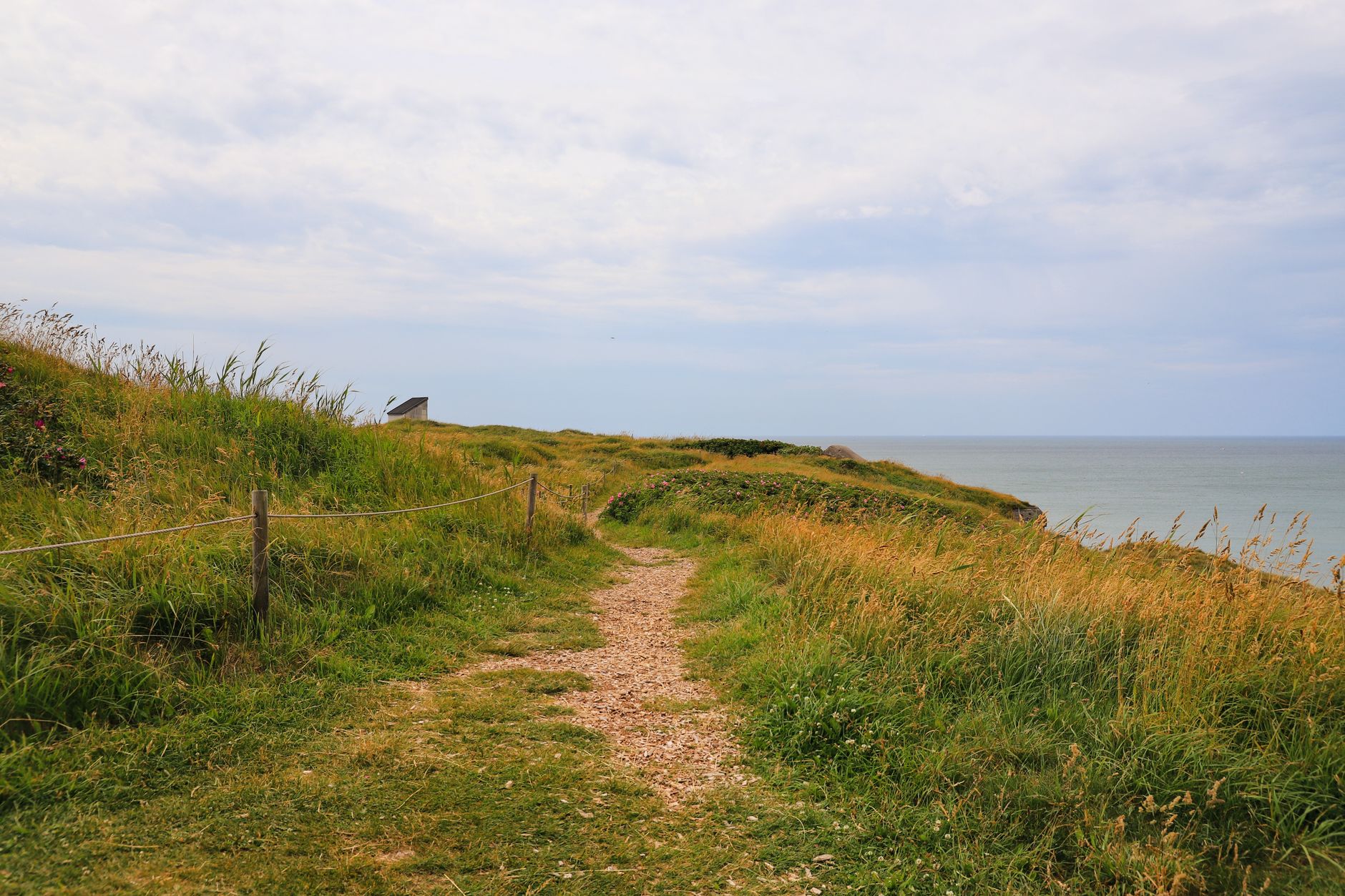 Chemin de terre sur une colline herbeuse surplombant la mer, cabane lointaine.