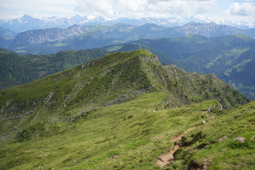 Sentier escarpé sur une crête verdoyante, montagnes lointaines enneigées sous ciel nuageux.